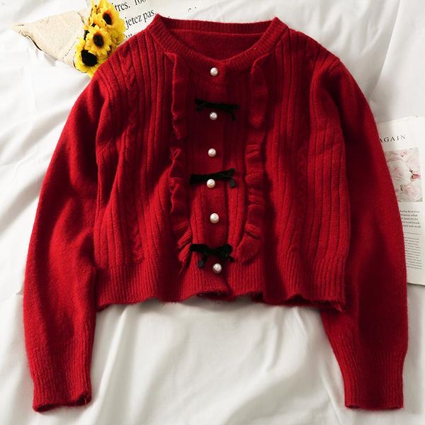 

women's knits & tees korean style bow pearl single breasted all-match knitting blouse spring autumn o-neck long sleeve edge short swe, White