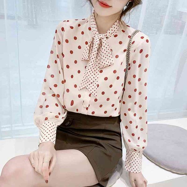 

dress elegant ladies blouse bowknot women chiffon polka dot printed shirt long sleeve undefined, White