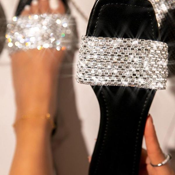 

slippers 2021 women crystal bling slipper woman summer beach rhinestone slide female casual square toe shoe ladies plus size footwear, Black