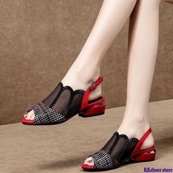 

peep toe sandals low square heel woman mesh shoes casual hollow out buckle strap 2021 spring summer big shoe black red