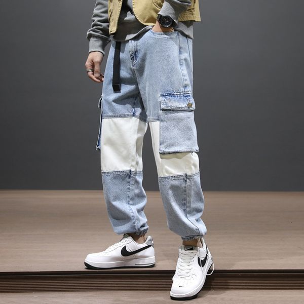 

jeans fashion streetwear men jeans loose fit patchwork spliced designer denim cargo pants hombre hip hop joggers wide leg trousers, Blue