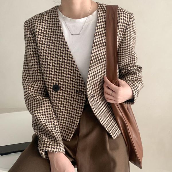

women's suits & blazers [ewq] korea chic casual trendy women v-neck two-button plaid loose fashion long-sleeved blazer autumn 2021 16e1, White;black