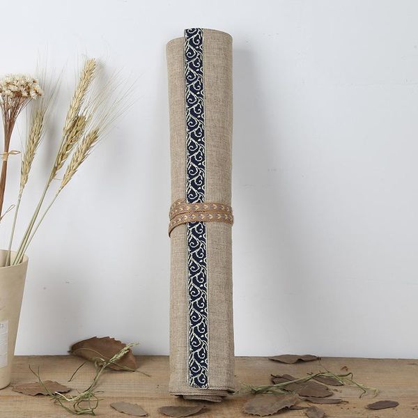 

chinese traditional oriental style 10-hole canvas wrap brush pen case easy to carry calligraphy supplies brown stripe green lace pencil bags