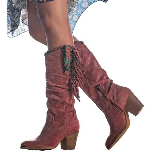 

women knee high boots heels shoes woman booties vintage pu leather tassels shoe chaussures femme zapatos mujer sapato nh155, Black