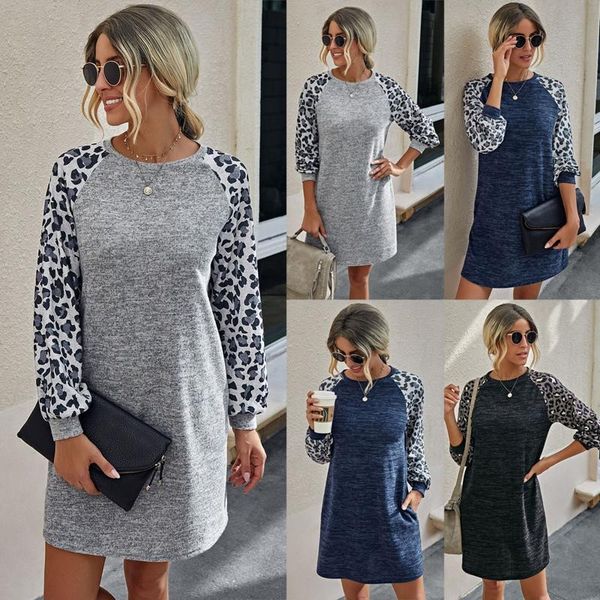 

women's leopard color sweater dress matching long sleeve fashion print warm women lady 4 patchwork casual dresses, Black;gray