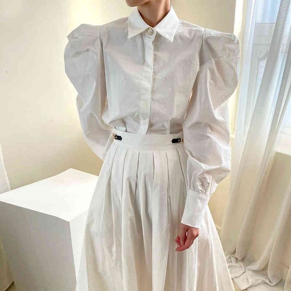 

two piece dress [ewq] korean simple fashion lapel pearl button loose bubble sleeve shirt + high waist chain pleated skirt female 16e3315 7wc, White