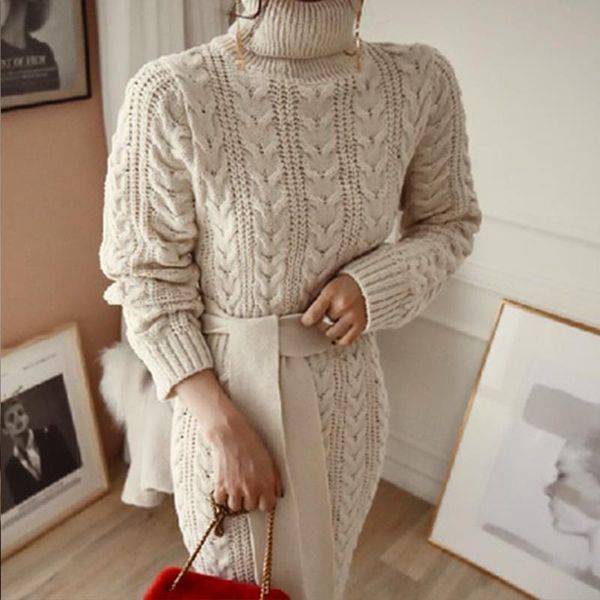 

casual dresses chic turtleneck knitted long dress woman autumn winter 2021 long-sleeve sweater vestido korean warm apricot knitwear fall, Black;gray