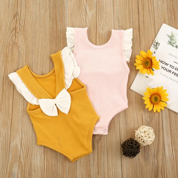 

infant baby boys girls bow romper flying sleeve loose elastic casual cotton knitted jumpsuit solid born playsuit rompers, Blue