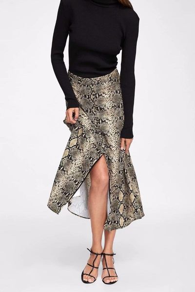 

skirts autumn stylish serpentine print front fork long skirt, Black