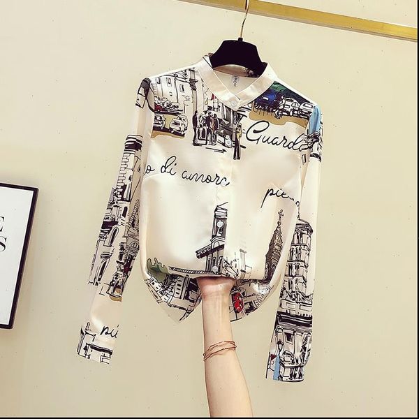 

womens shirt vintage print women long sleeve chiffon blouse autumn arrival modis drop, White