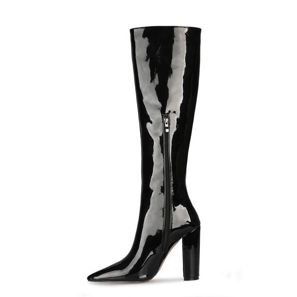 

boots women black knee high square heel heels patent leather long side zipper pointed toe shoes