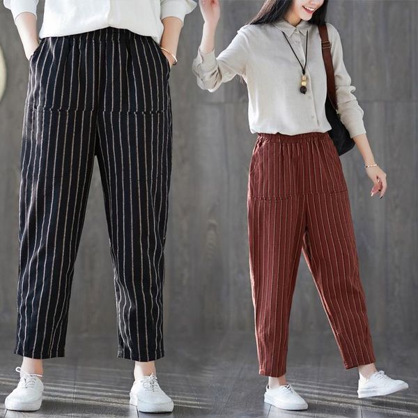

women's pants & capris dress stripe haren cotton woman 2021 fat mm thin all-match leisure time nine part tide, Black;white