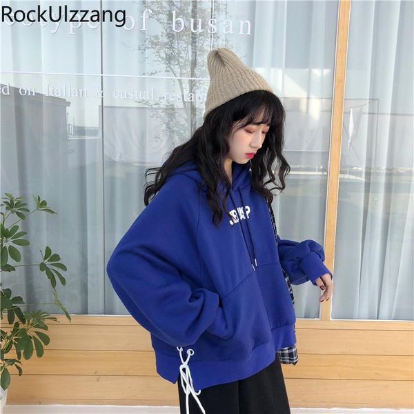 

women's hoodies & sweatshirts side lace up string hooded pocket gray blue long sleeve autumn sweatshirt women korean letter print pullo, Black