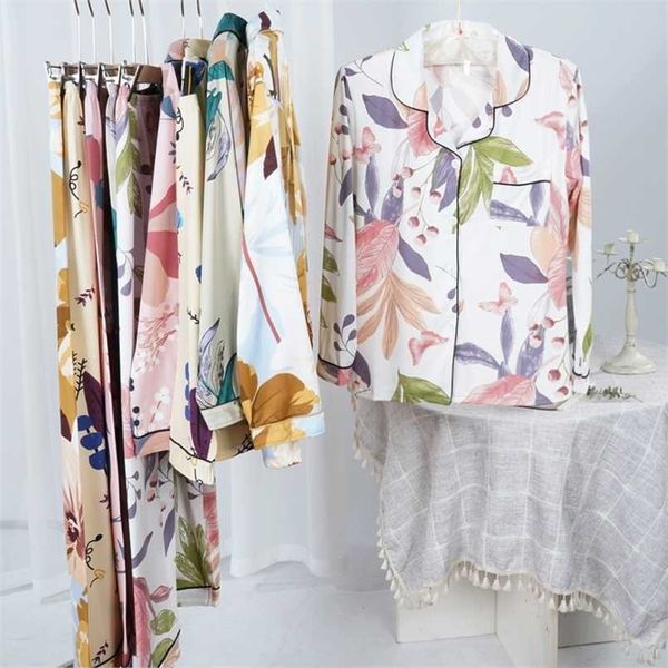 

spring autumn women's pajamas 100%viscose long sleeves trousersset woman 2 pieces sleepwear women's floral printed 211023, Black;red