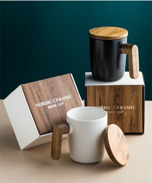 

mugs gift package wooden handle with cover coffee cup lovers ceramic mug set