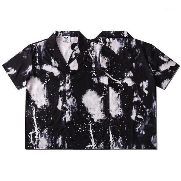 

men's casual shirts couple fashion brand spring summer retro digital printed turtleneck short-sleeved loose shirt, White;black