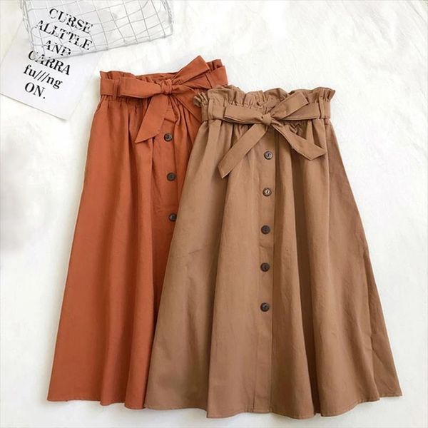 

cotton spring summer womens skirt preppy style solid casual elegant pocket elastic high waist a line midi skirts fald, Black
