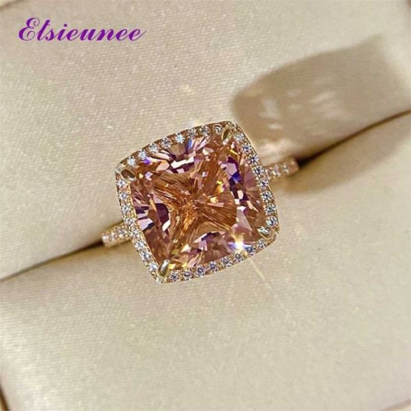 Elsieunee 18k cor de ouro rosa Morganite Diamond Rings for Women Solid 925 Sterling Silver Wedding Ring Fashion Jewelry Gift 211217