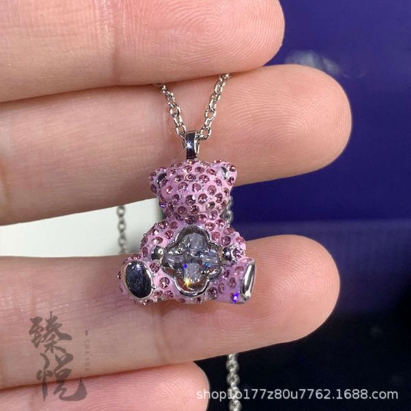 

straight 1:1 shijiashiqi necklace teddy bear four leaf clover jump swarovy pendant pink girl, Black