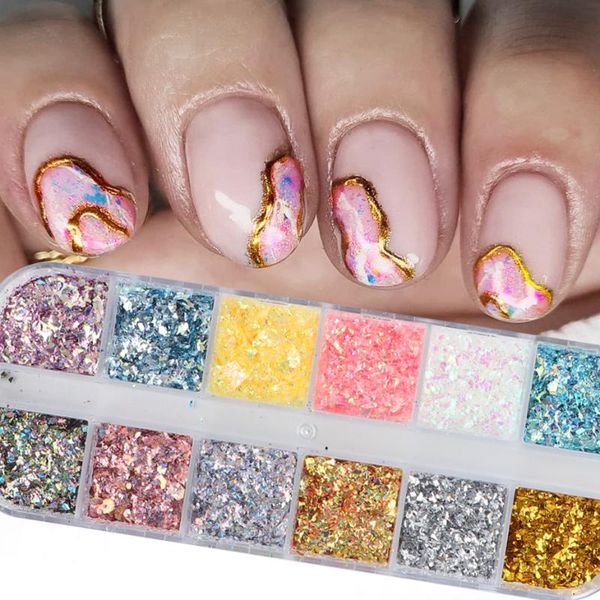 

grids shimmer mermaid nail glitter flakes irregular aurora opal art powder thin sequin nails accessories manicure lejx03, Silver;gold