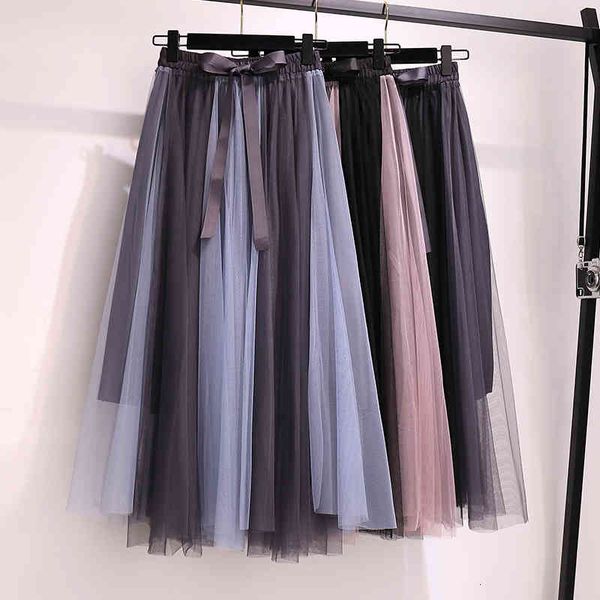 

female vintage spring plied midi skirt long japan shreds chiffon skirts failed jupe, Black