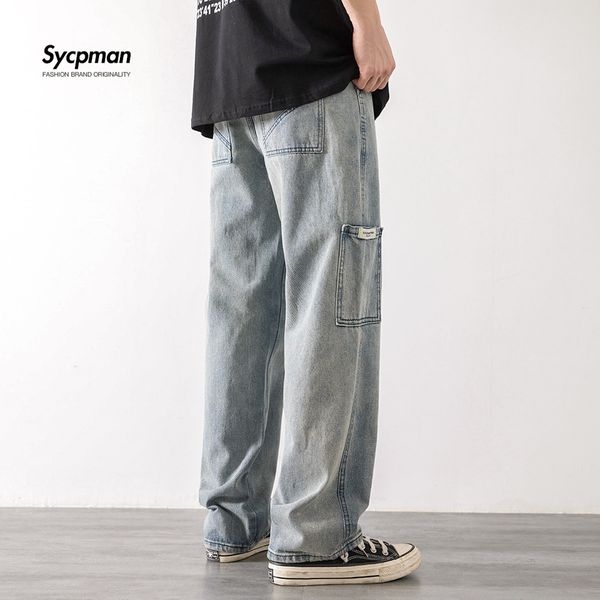 

men's wide leg loose jeans, urban fashion, retro style, young fashion, Blue