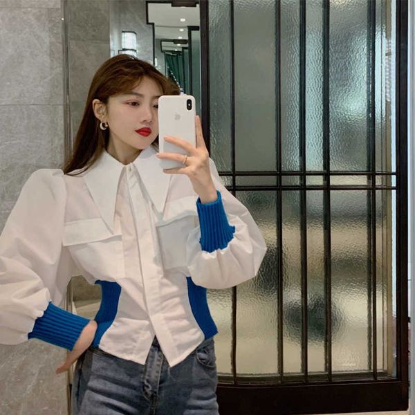

design color contrast lantern sleeve turn down collar shirts women autumn and winter 210615, White
