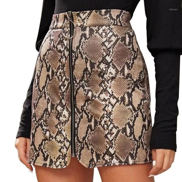 

skirts women snake print zipper high waist mini skirt summer party club work wear female a line short streetwear, Black