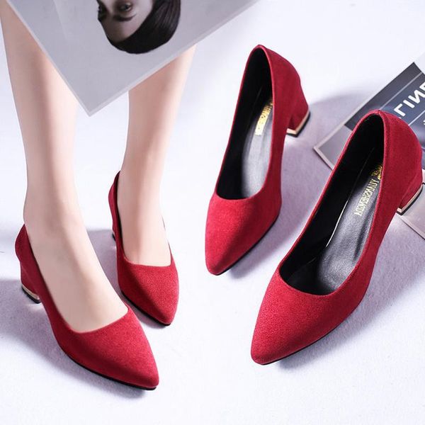 

flock pumps red/black office ladies works shoes pointed toe thick high heels women elegant solid shallow mules woman dress
