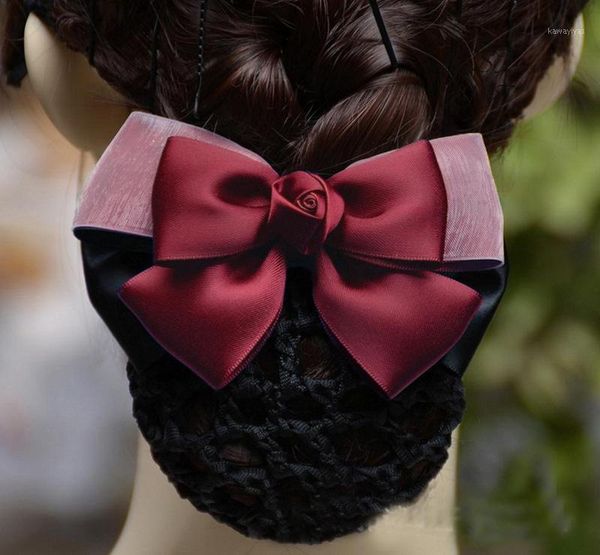 

fashion handmade office lady bow ribbon lace flower tie barrette hair clip cover bowknot net bun snood accestory1