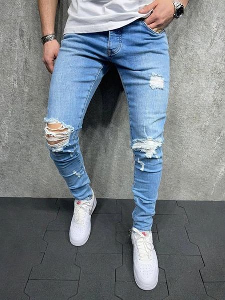 

men ripped washed skinny jeans 80cu#, Blue