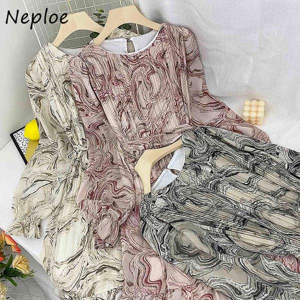 

neploe o neck pullover long sleeve print dress women high waist hip sashes a line vestidos holiday bohemian robe spring 210423, Black;gray