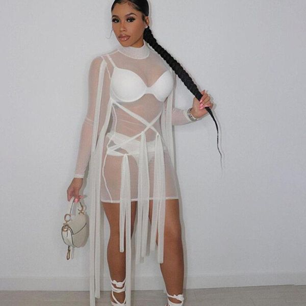 

women see through mesh dress beach cover ups fashion female solid color long sleeve one-piece with ribbons swimsuit women's swimwear, White;black