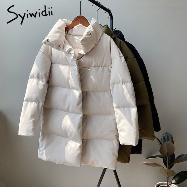 

syiwidii woman jacket winter coat elegant korean parkas solid oversize long sleeve buttons pockets warm beige black loose 210417