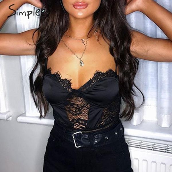 

lace mesh women bodysuit spaghetti strap v-neck ladies jumpsuit romper summer party club female overalls 210414, Black;white