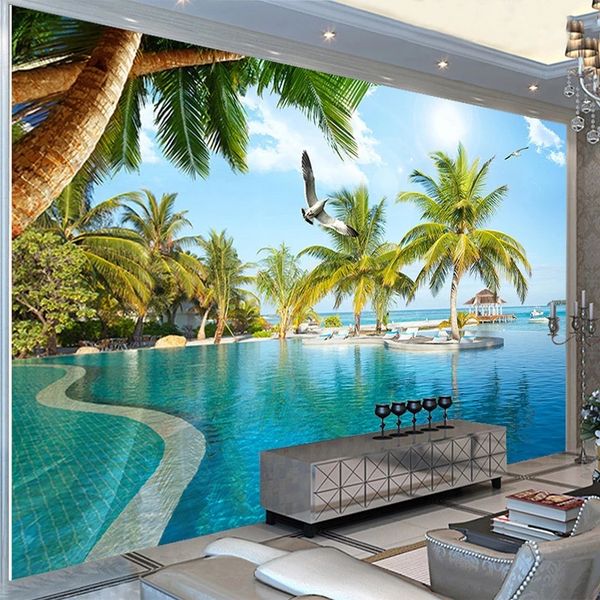 

custom p wallpapers 3d stereo swimming pool seaside landscape murals living room theme l background wall