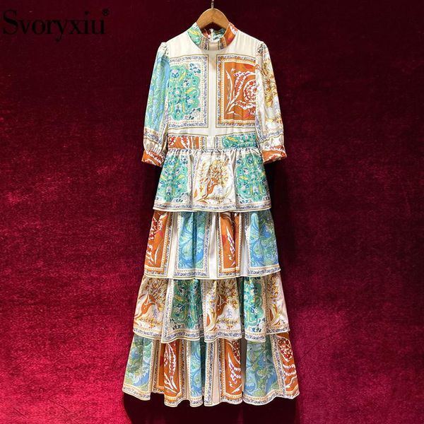 

casual dresses svoryxiu runway designer autumn party tiered ruffles maxi dress women's elegance 3/4 sleeve totem print long vestdios, Black;gray