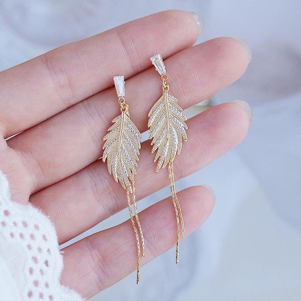 

stud 2021 trend 14k real gold plated temperament tassel leaves earrings for women jewelry zirconia s925 silver needle gift, Golden;silver