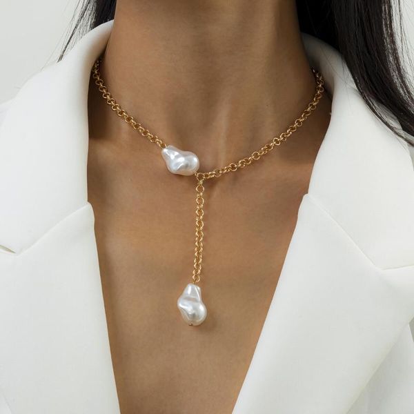 

chokers fashion baroque imitation pearl pendant necklace women bohemian women's simple gold tassel jewelry, Golden;silver