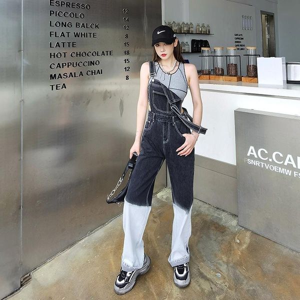

women's jeans overall korean gradient denim bib high waist slim age-reducing fashion jumpsuit adjust casual tide, Blue