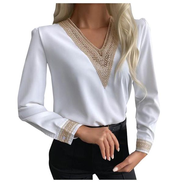 

women's blouses & shirts solid summer elegant lace v-neck office loose satin silk blouse basic chiffon long sleeve shirt 2021, White
