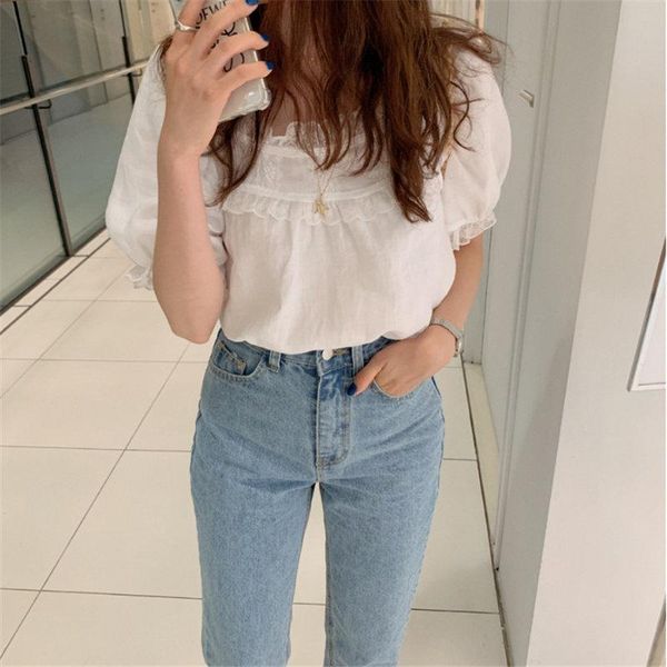 

women's blouses & shirts alien kitty korea chic 2021 gentle summer thin hook flowers sweet patchwork square collar ruffles puff sleeves, White