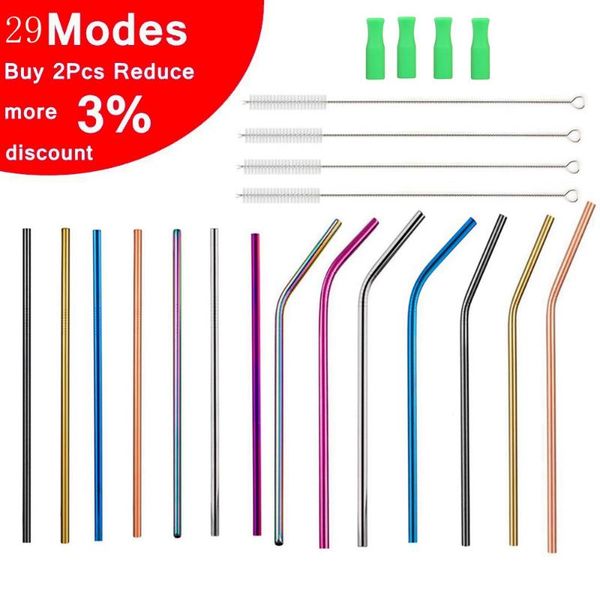 

drinking straws 29 modes reusable metal set with cleaner brush 304 stainless steel straw milk drinkware bar party accessory