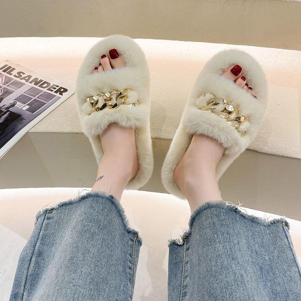 

slippers 2021 summer plush fashion open toe solid color women's sandals metal chain outdoor casual shoes plus size, Black