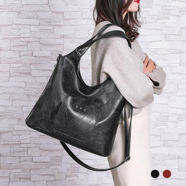 

leather women's shoulder handbags hobos large capacity messenger bags casual rivet soft patchwork bucket trend crossbody totes