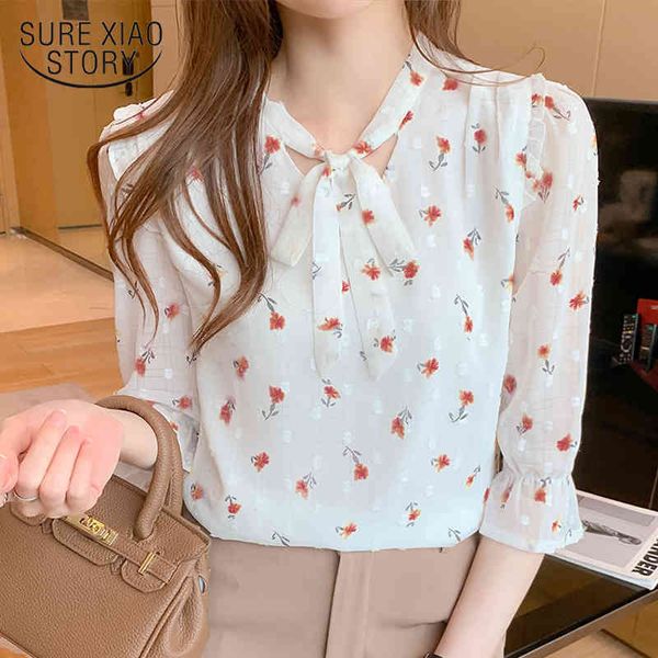 

summer office lady short sleeve floral shirts chiffon women blouse and bow printing female clothing 13993 210415, White
