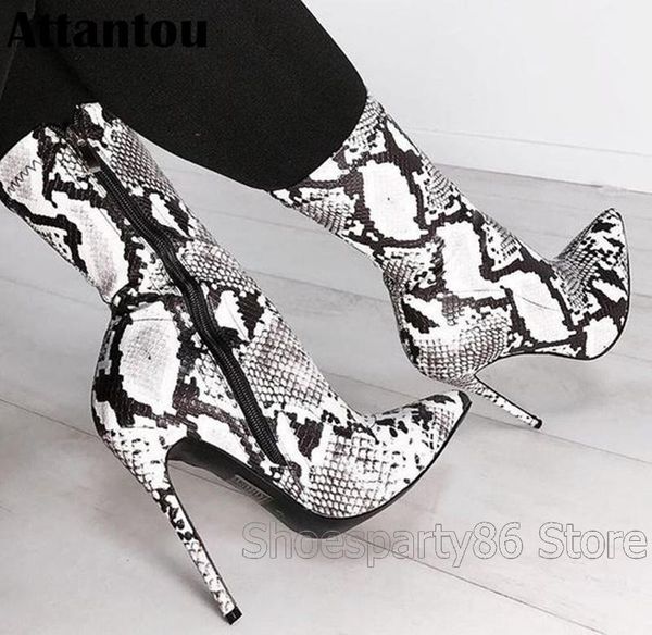 

boots fashion python printed pattern pointed toe high heel winter ankle women side zipper closure stitch multiple color boot, Black