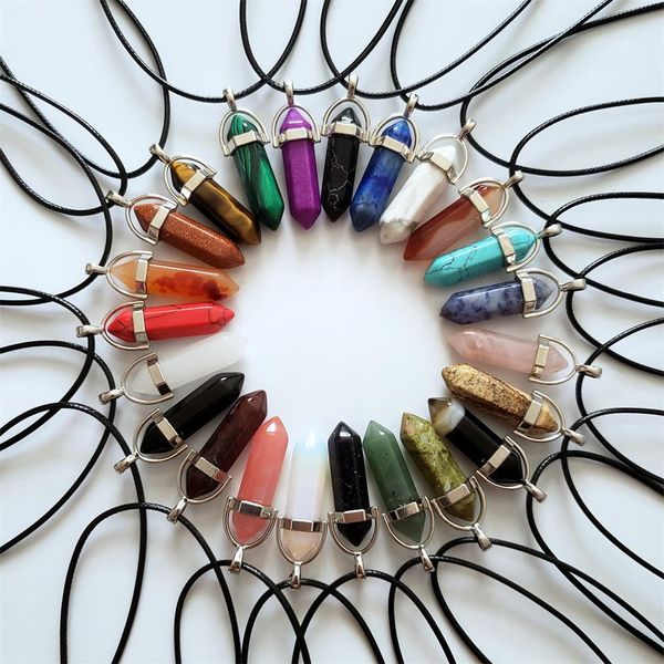 

fashion quality natural stone crystal pillar pendant chakra pendulum necklace for woman leather chains jewelry, Silver
