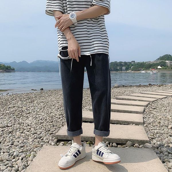 

men's jeans summer elastic waist ankle-length fall feeling wide-legged male korean student loose straight-leg casual pants, Blue