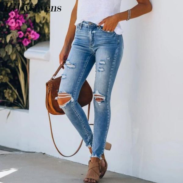 

women stretch slim jeans ripped distressed skinny high waist pocket denim pants shredded casual trousers jeggings 2021 women's, Blue